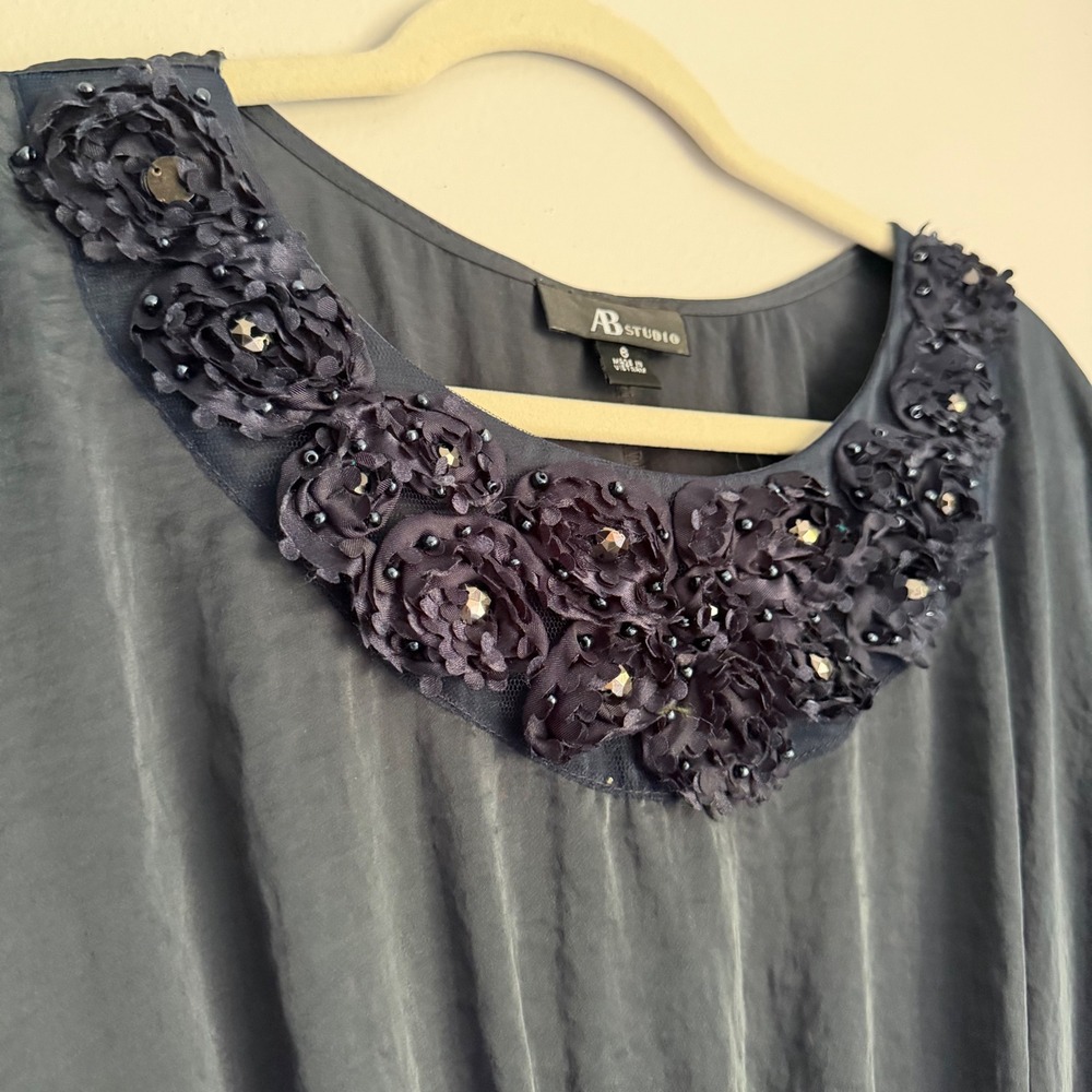 Y2K AB Studio Satin Charcoal Gray Floral Neckline Dolman Sleeve Dress 6 - Picture 2 of 6